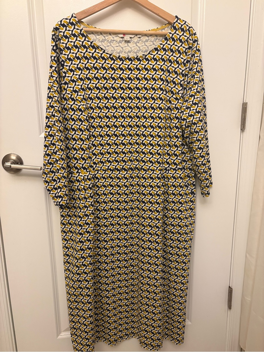 Boden Plus Tall 18L Bird Print Midi Dress Navy Mustard 3/4 Sleeve